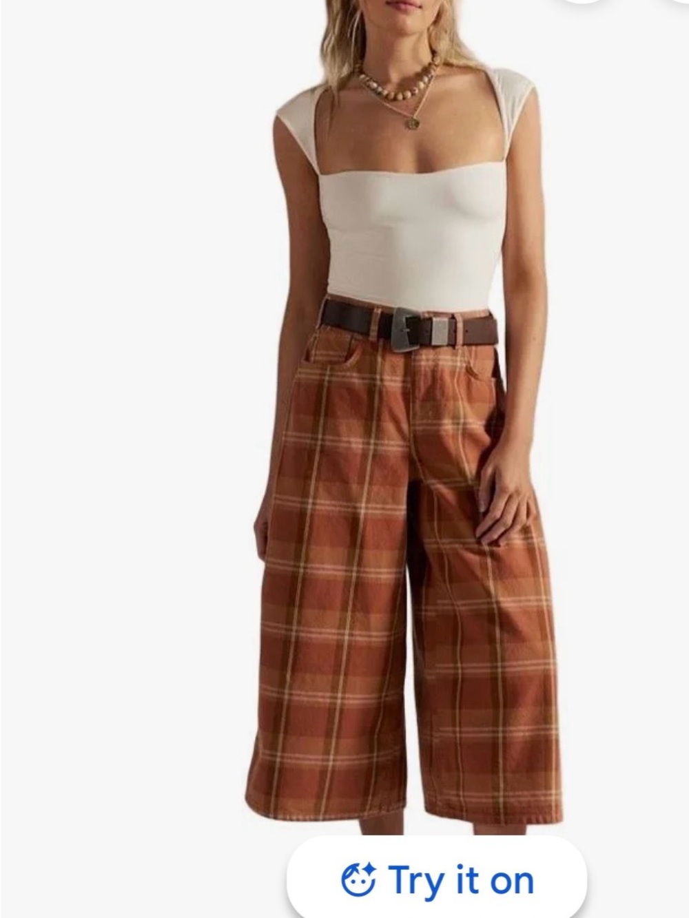 We The Free Plaid Wide-Leg Cropped Pants - Rust Plaid